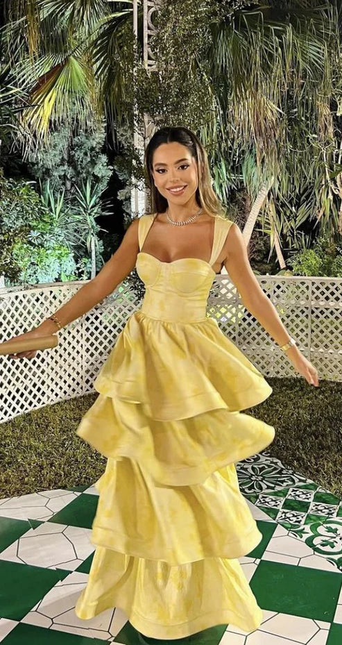Robe de bal longue trapèze jaune pastel à volants et volants MD7722