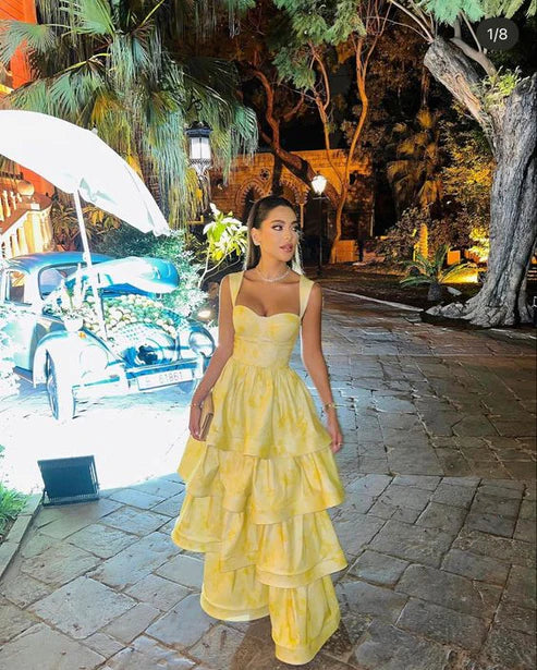 Robe de bal longue trapèze jaune pastel à volants et volants MD7722