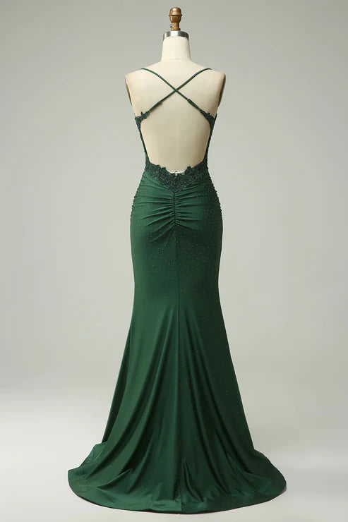 Robe de bal longue vert foncé style sirène avec appliques et perles MD7726