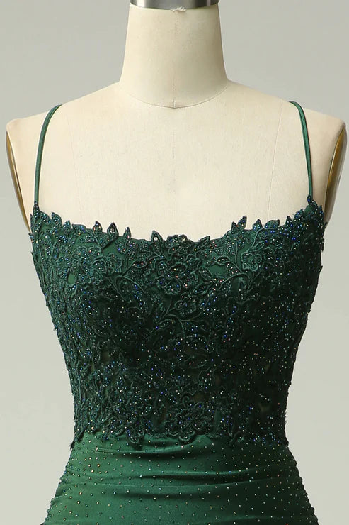 Robe de bal longue vert foncé style sirène avec appliques et perles MD7726