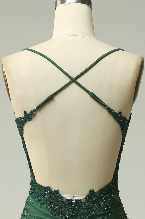 Robe de bal longue vert foncé style sirène avec appliques et perles MD7726