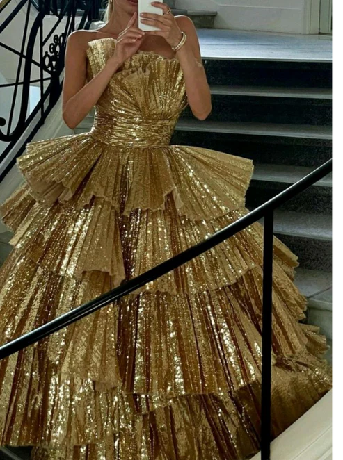 Gorgeous Golden Tiered Ball Gown Long Evening Party Dress MD7728