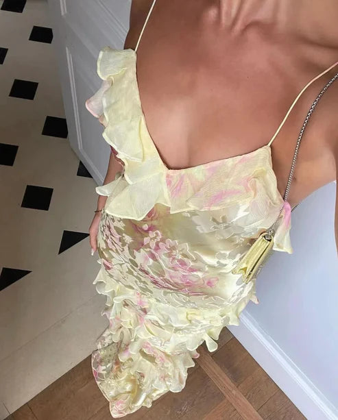 Robe de bal longue jaune à bretelles spaghetti et volants MD7729