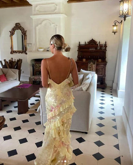 Robe de bal longue jaune à bretelles spaghetti et volants MD7729