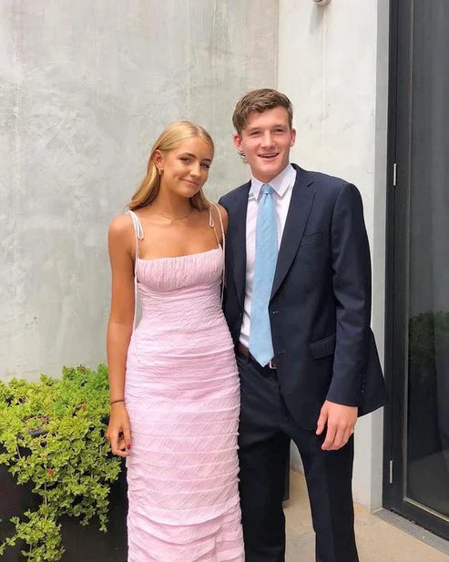 Robe de soirée longue plissée rose à bretelles spaghetti, robe d'invitée de mariage MD7734