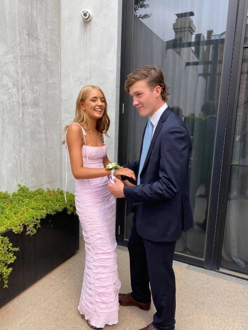 Robe de soirée longue plissée rose à bretelles spaghetti, robe d'invitée de mariage MD7734