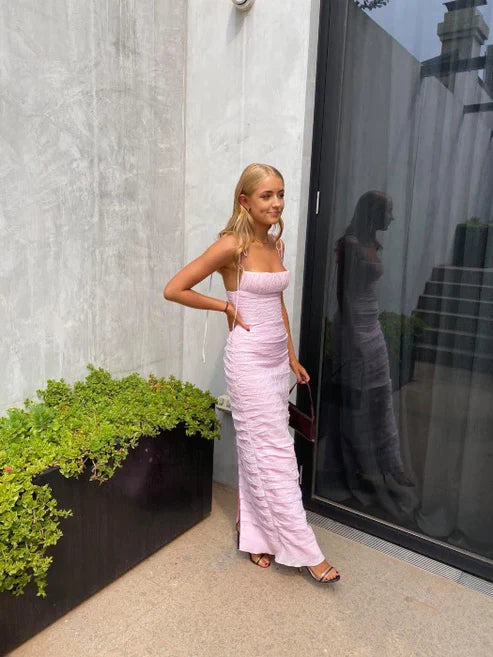 Robe de soirée longue plissée rose à bretelles spaghetti, robe d'invitée de mariage MD7734