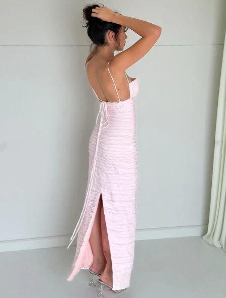 Robe de soirée longue plissée rose à bretelles spaghetti, robe d'invitée de mariage MD7734