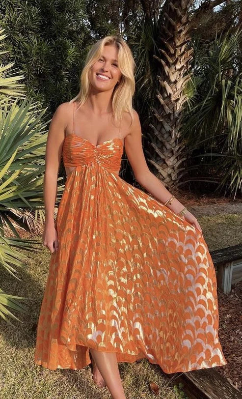 Robe de soirée longue orange à bretelles spaghetti et coupe trapèze, MD7736