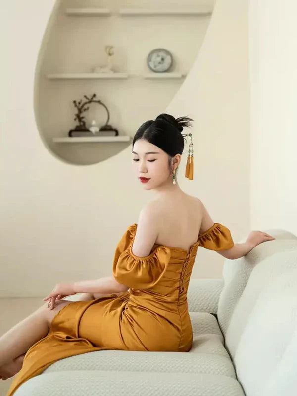 Robe longue jaune à épaules dénudées et fente latérale pour bal de promo MD7739