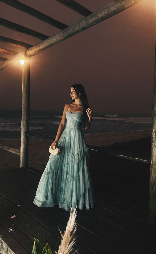 Robe de soirée longue en tulle bleu clair à bretelles spaghetti et coupe trapèze MD7757