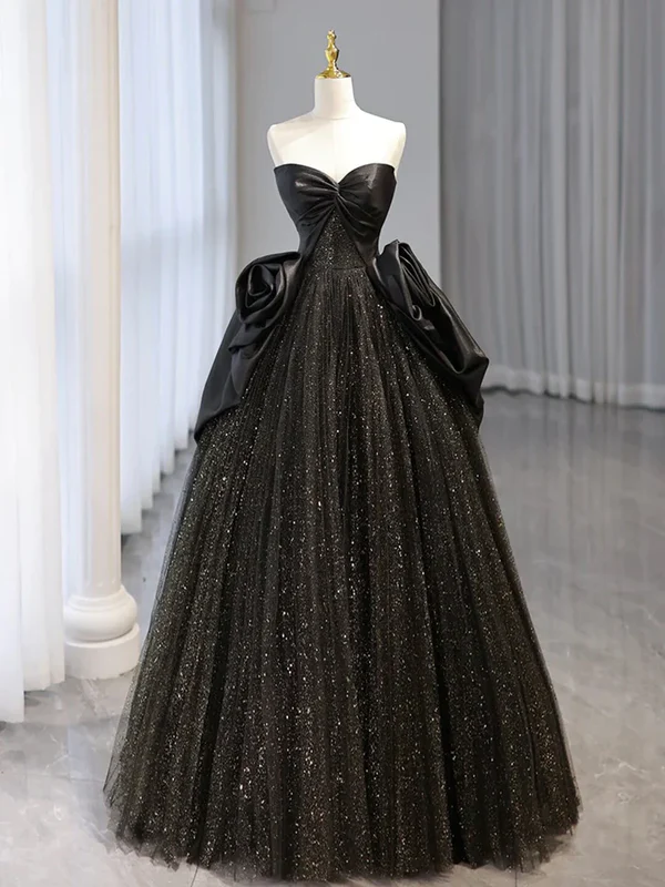 Robe de bal longue en tulle noir brillant, coupe trapèze, décolleté en cœur, MD7760