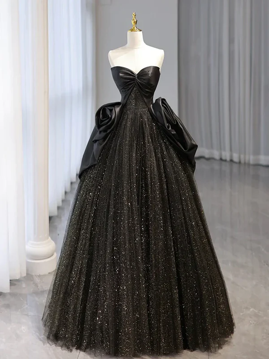 Robe de bal longue en tulle noir brillant, coupe trapèze, décolleté en cœur, MD7760