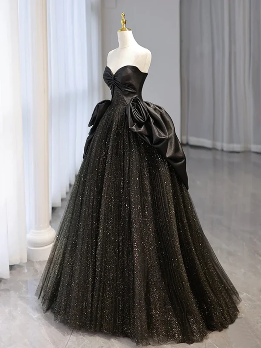 Robe de bal longue en tulle noir brillant, coupe trapèze, décolleté en cœur, MD7760