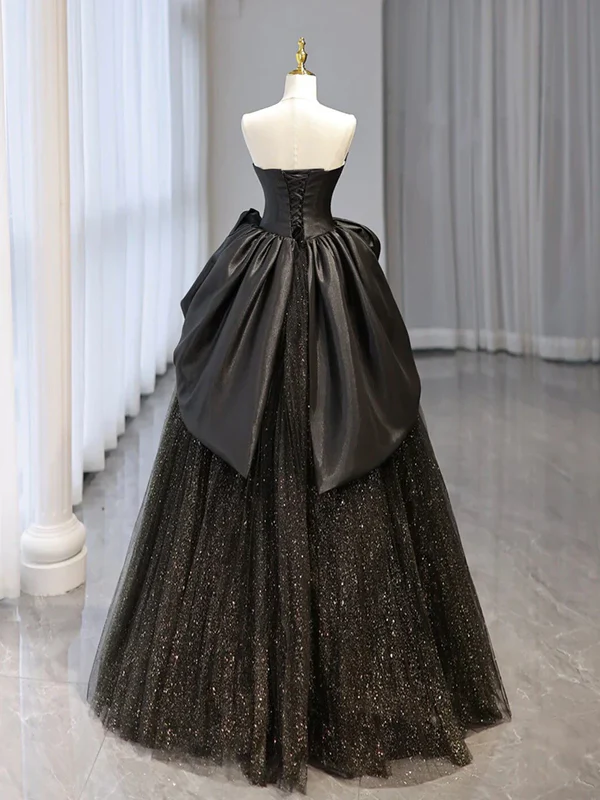 Robe de bal longue en tulle noir brillant, coupe trapèze, décolleté en cœur, MD7760