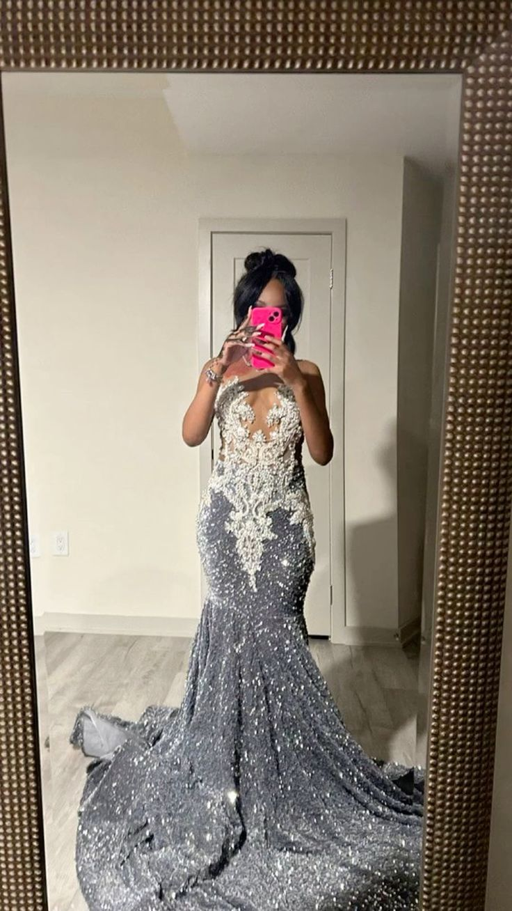 Robe de soirée sirène noire à paillettes grises et perles MD7763