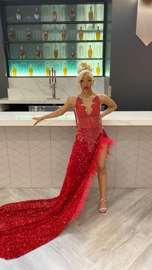 Robe de soirée sexy à paillettes rouges et plumes pour fille noire MD7765