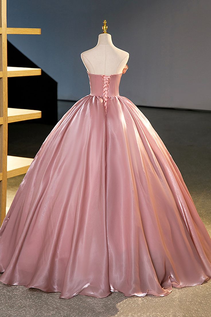 Robe de soirée longue en satin rose sans bretelles, coupe trapèze, MD7776