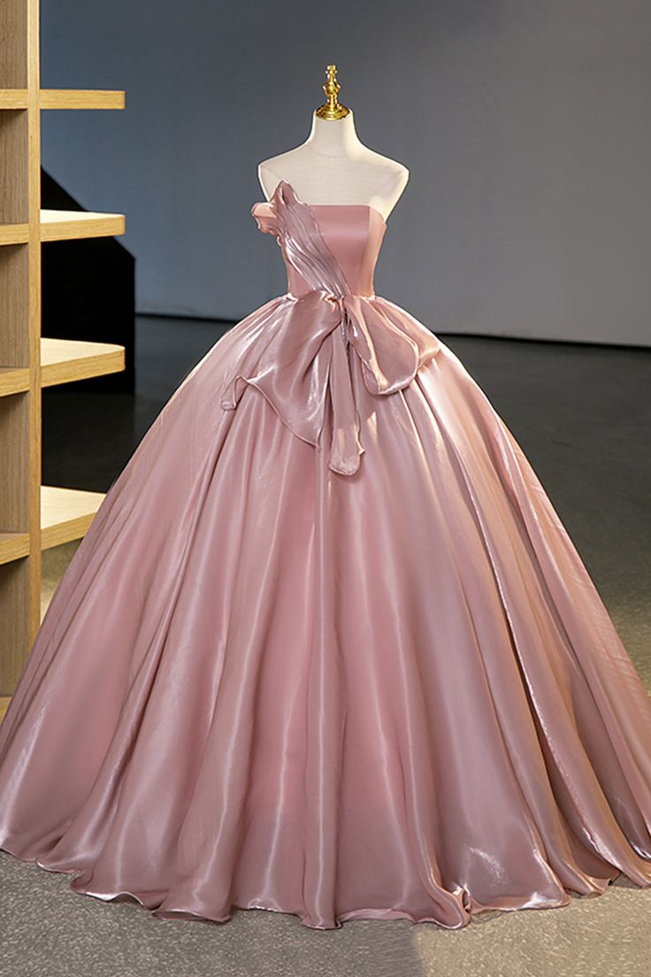 Robe de soirée longue en satin rose sans bretelles, coupe trapèze, MD7776