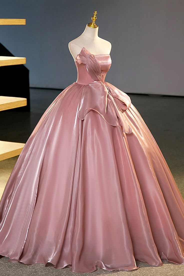 Robe de soirée longue en satin rose sans bretelles, coupe trapèze, MD7776