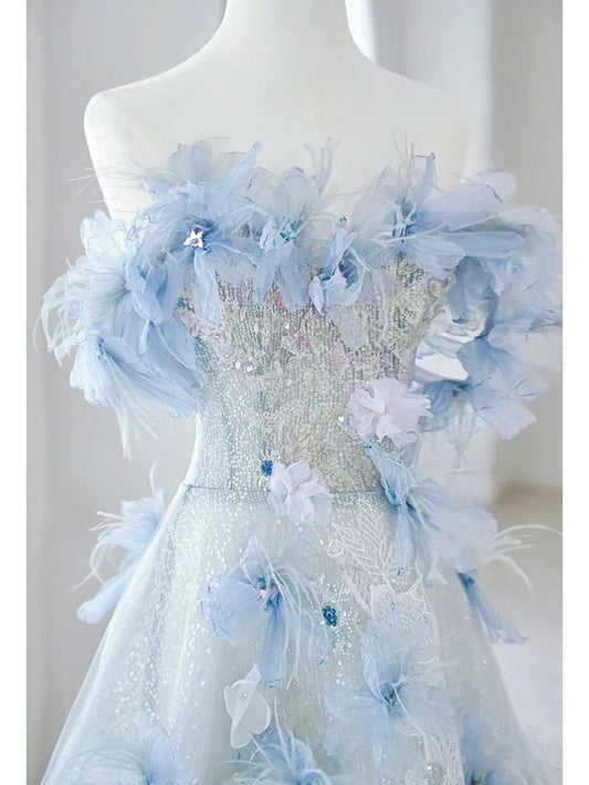 Robe de bal longue bleue à épaules dénudées et paillettes, motif floral, robe d'anniversaire MD7778