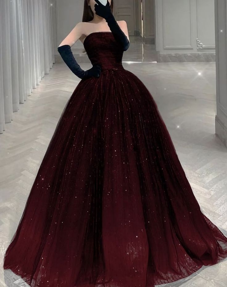 Superbe robe de bal longue en tulle bordeaux sans bretelles, coupe trapèze, robe d'anniversaire MD7779