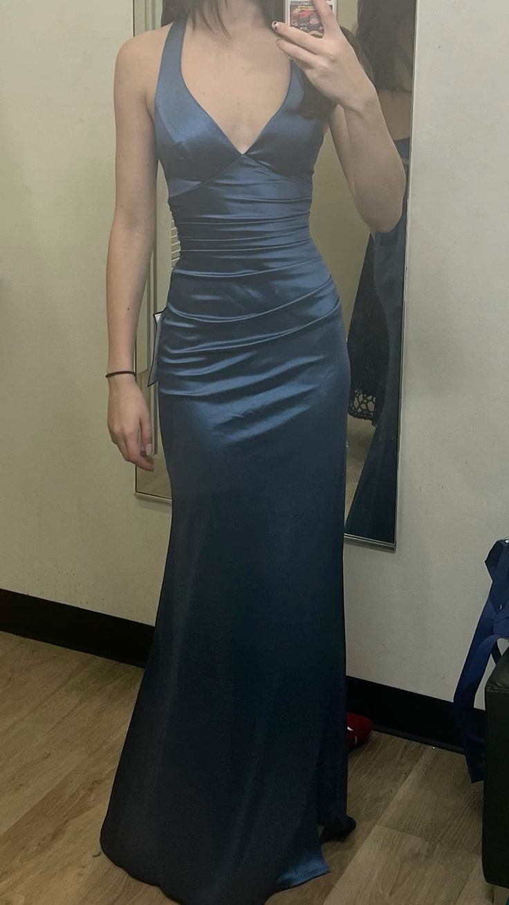 Robe de bal longue en satin bleu sarcelle foncé, col en V, dos nu, style sirène, MD7780