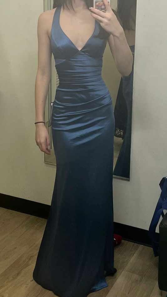 Robe de bal longue en satin bleu sarcelle foncé, col en V, dos nu, style sirène, MD7780