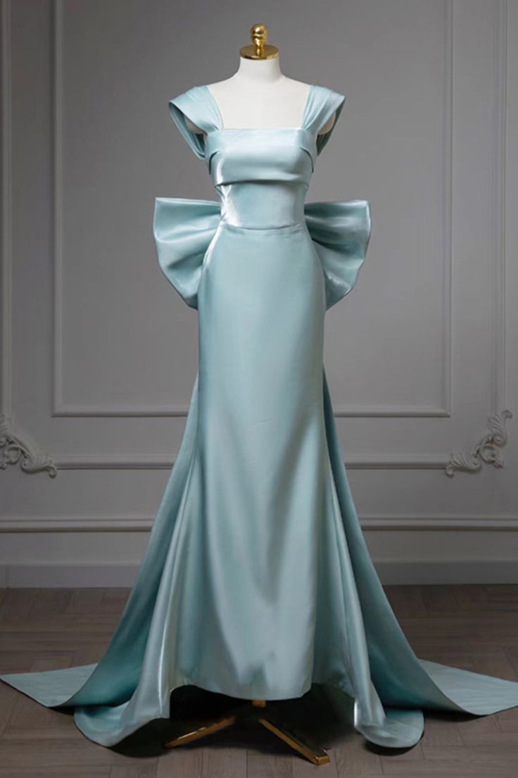 Robe de soirée longue sirène bleu clair à bretelles MD7786