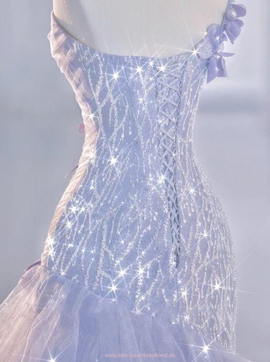 Robe de soirée longue sirène en tulle à sequins et une épaule lilas clair MD7787