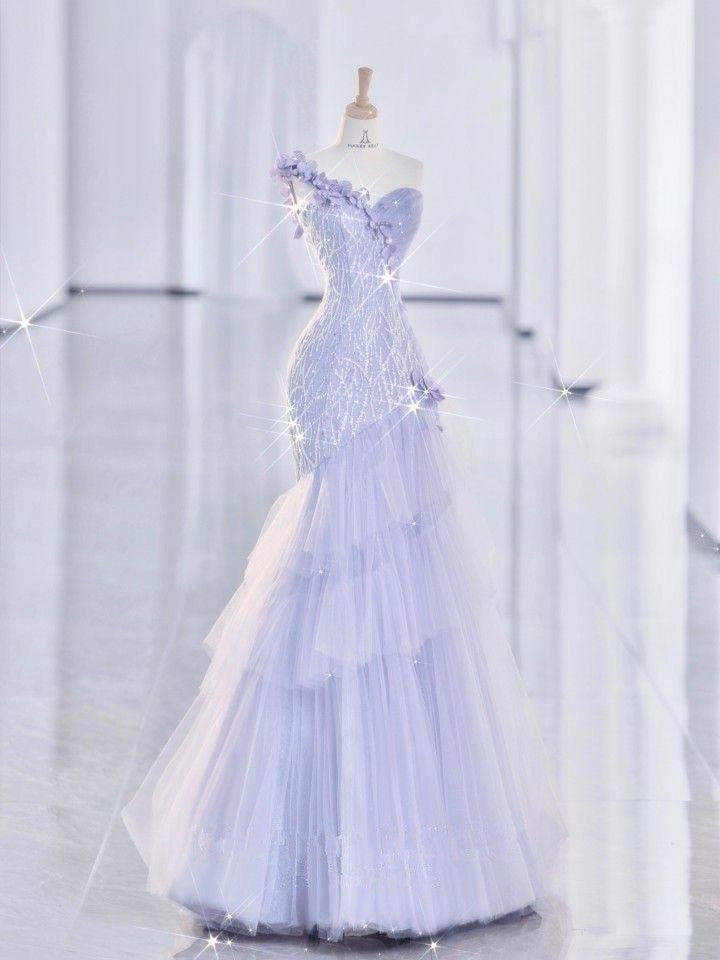 Robe de soirée longue sirène en tulle à sequins et une épaule lilas clair MD7787