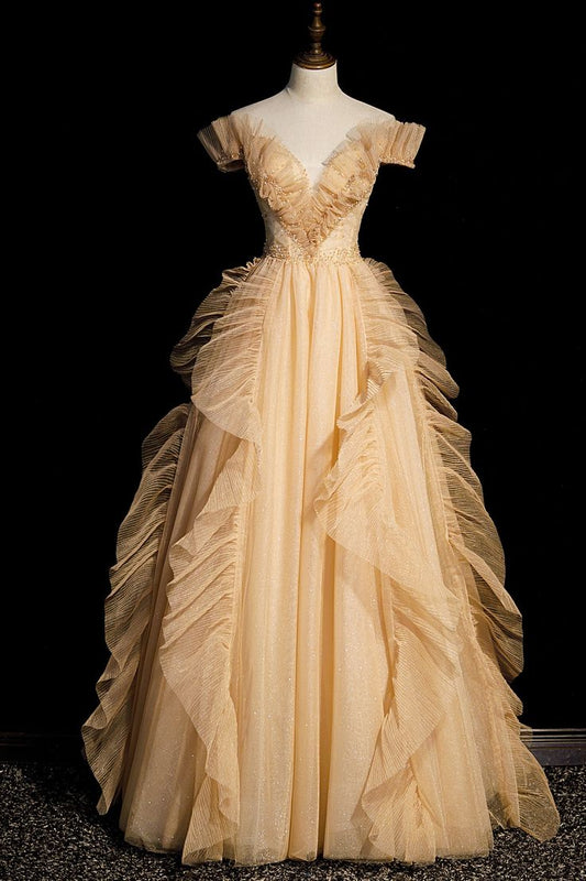Robe de soirée longue en tulle champagne à épaules dénudées et coupe trapèze MD7792
