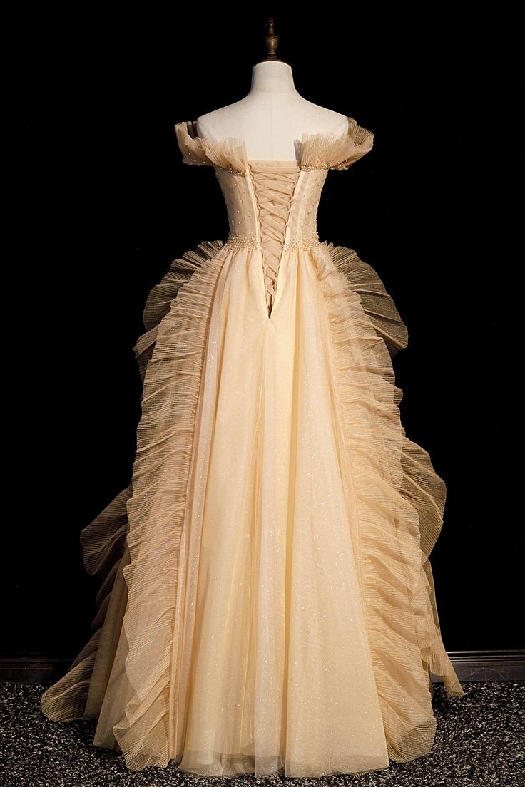 Champagne Off Shoulder A-Line Tulle Long Formal Party Gown MD7792