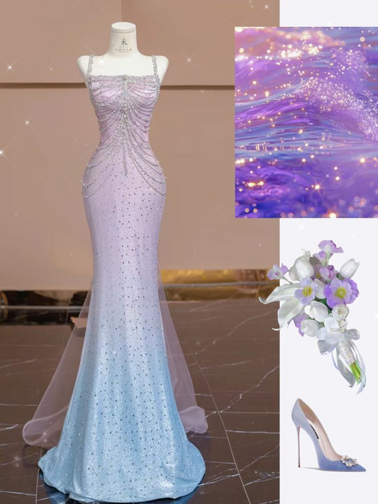 Robe de soirée longue rose dégradée à bretelles spaghetti et perles style sirène MD7809