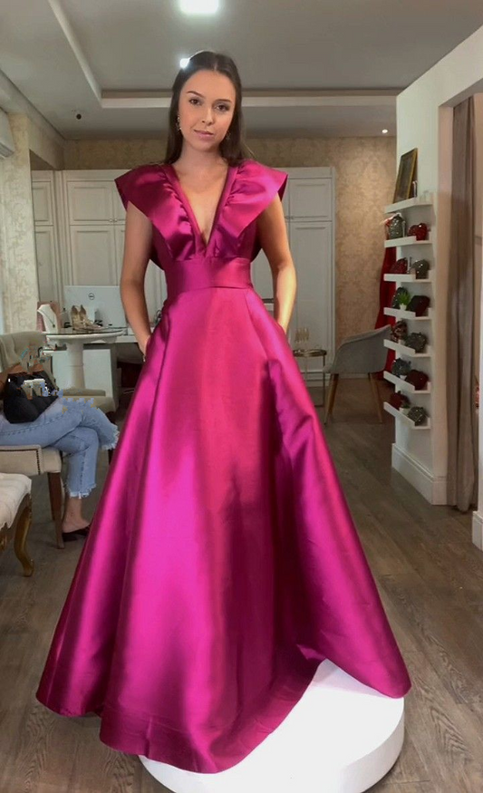 Robe de soirée longue fuchsia en satin à col en V et coupe trapèze MD7812