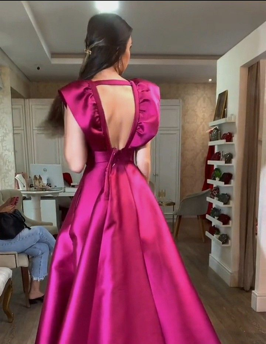 Robe de soirée longue fuchsia en satin à col en V et coupe trapèze MD7812