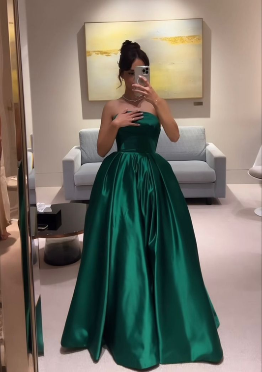 Grünes Satin-Trägerloses A-Linien-Abendkleid, lang, formelles Partykleid, Abendkleid MD7814