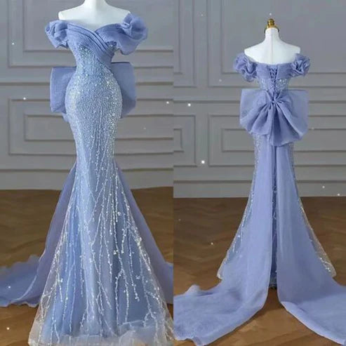 Robe de soirée longue bleue à épaules dénudées et paillettes style sirène MD7826
