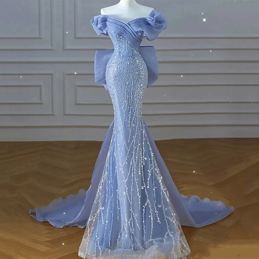 Robe de soirée longue bleue à épaules dénudées et paillettes style sirène MD7826