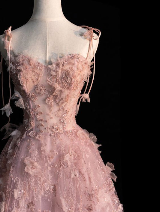 Robe de soirée longue en tulle à bretelles roses, coupe trapèze, motif floral, MD7827