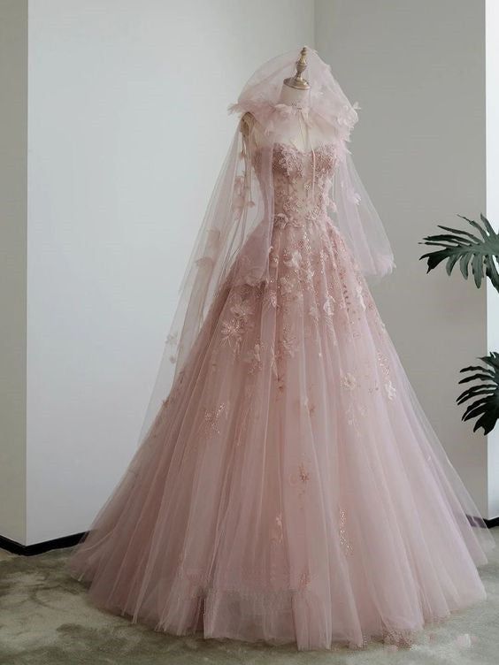 Robe de soirée longue en tulle à bretelles roses, coupe trapèze, motif floral, MD7827