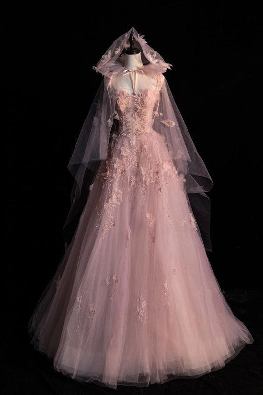 Robe de soirée longue en tulle à bretelles roses, coupe trapèze, motif floral, MD7827