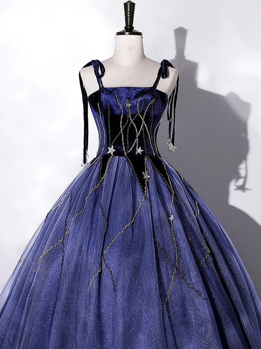 Robe de soirée longue en velours bleu marine à bretelles et coupe trapèze MD7841