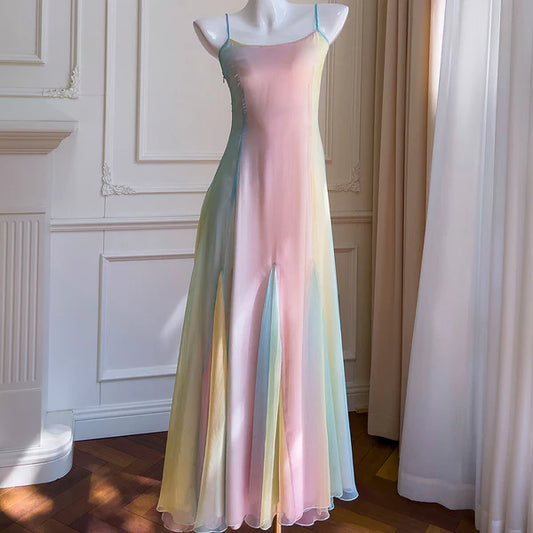 Robe de soirée longue et mignonne à bretelles spaghetti colorées, coupe trapèze, MD7842