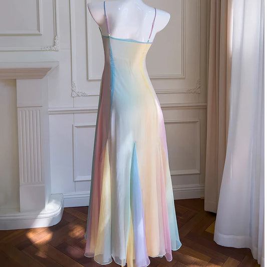Robe de soirée longue et mignonne à bretelles spaghetti colorées, coupe trapèze, MD7842
