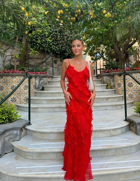 Robe de soirée longue rouge à bretelles spaghetti et volants MD7847