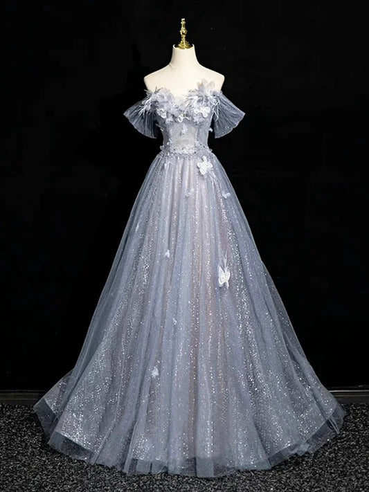 Robe de soirée longue en tulle et dentelle, coupe trapèze, gris et bleu, épaules dénudées, MD7850