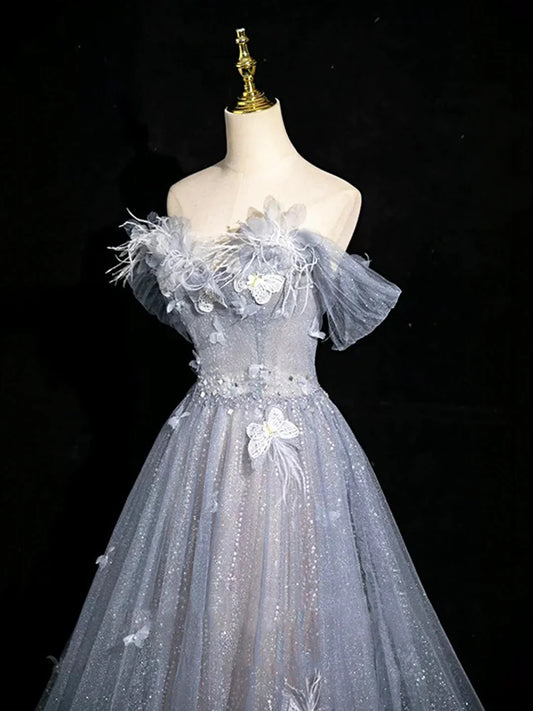 Robe de soirée longue en tulle et dentelle, coupe trapèze, gris et bleu, épaules dénudées, MD7850