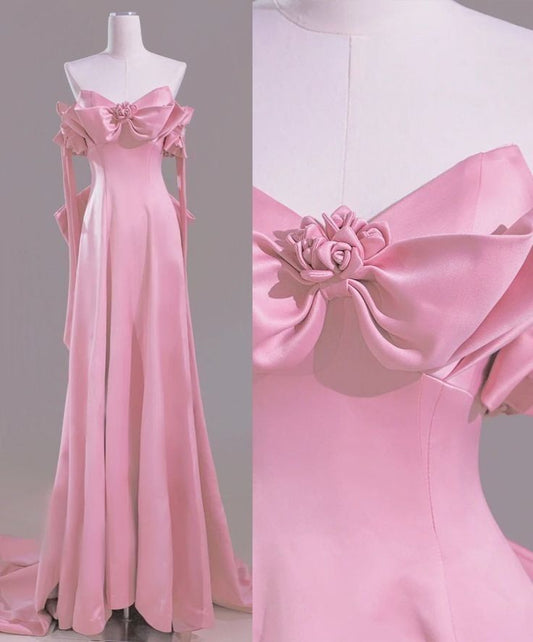 Robe de soirée longue bustier en satin rose, coupe trapèze, MD7858