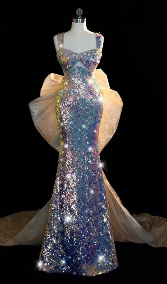 Glänzende Pailletten Träger Meerjungfrau Langes Partykleid Geburtstagskleid, MD7860